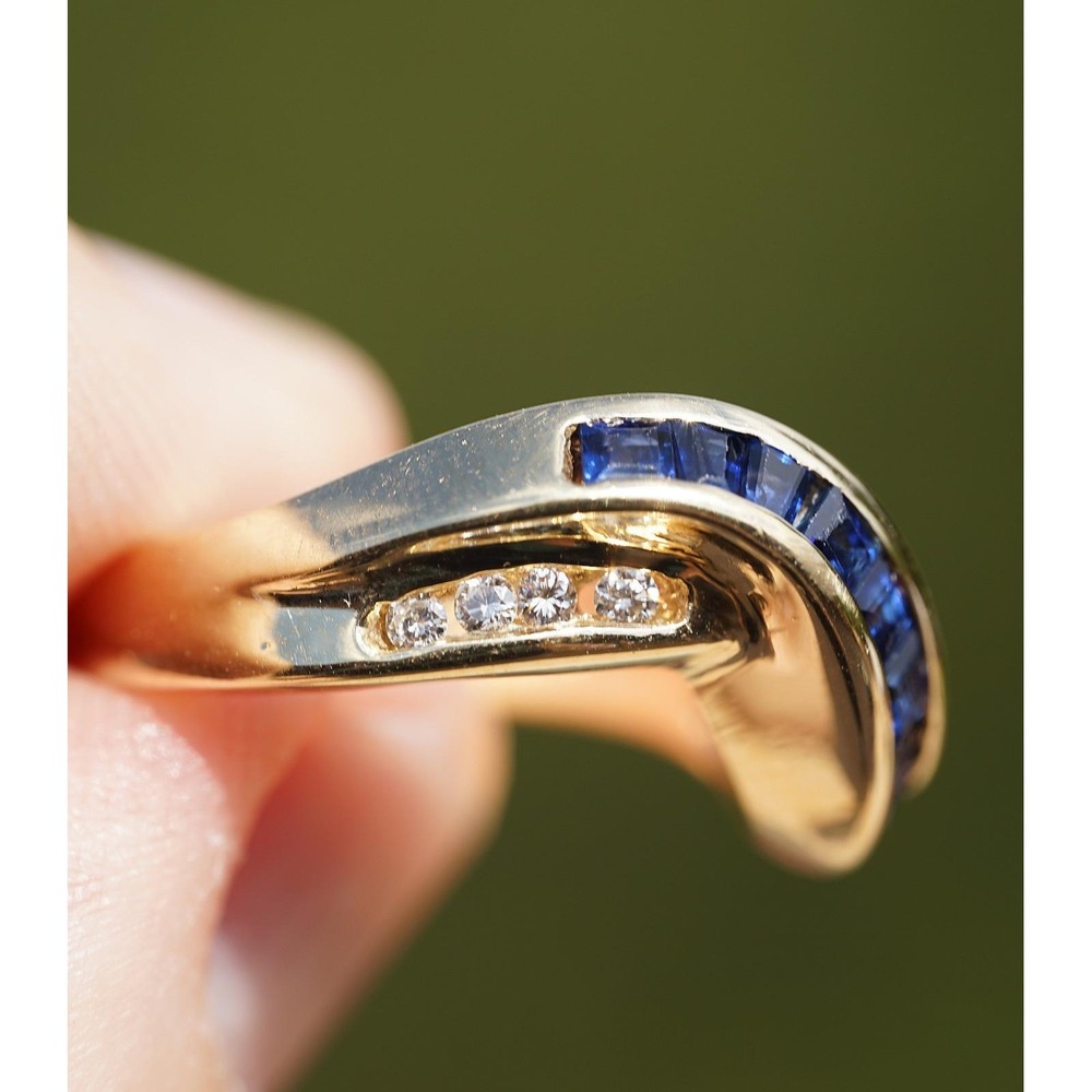 VIntage 14k Solid Yellow Gold Blue Sapphire & High Quality Diamond Ring Baguette - Picture 2 of 8